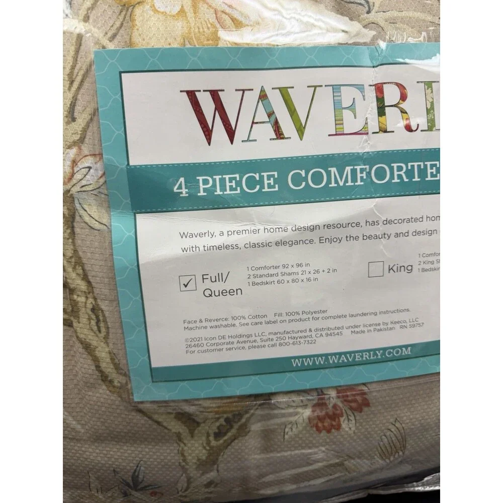 Waverly Mudan Beige Floral FULL/QUEEN Comforter Set 4Pcs Peony Gardens RARE